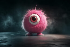 A monster with a round body covered in thick purple fur, a huge, square eye that takes up almost its entire body, two small legs with white claws, standing on a black uneven shiny surface. Behind it, gray mist swirls.