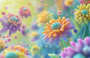 Multicolored fairy-tale flowers against a vibrant meadow background.