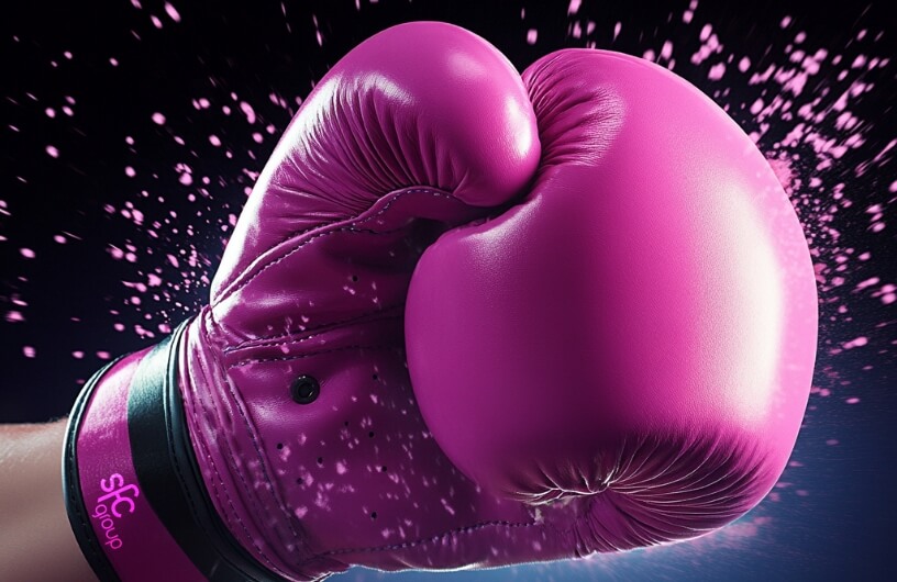 Close-up of pink boxing glove, with splashes of pink particles and SFC logo