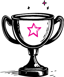 Trophy cup with pink star on front and small pink spark above, on black background.