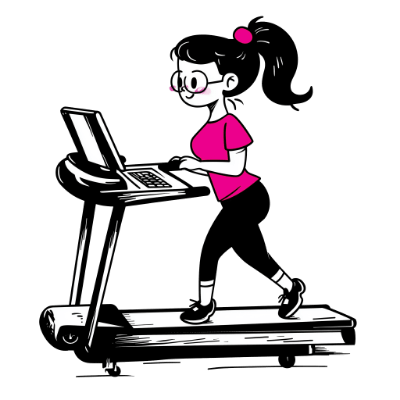 Cartoon girl with ponytail and glasses running on treadmill while typing on laptop, wearing pink shirt and black leggings.
