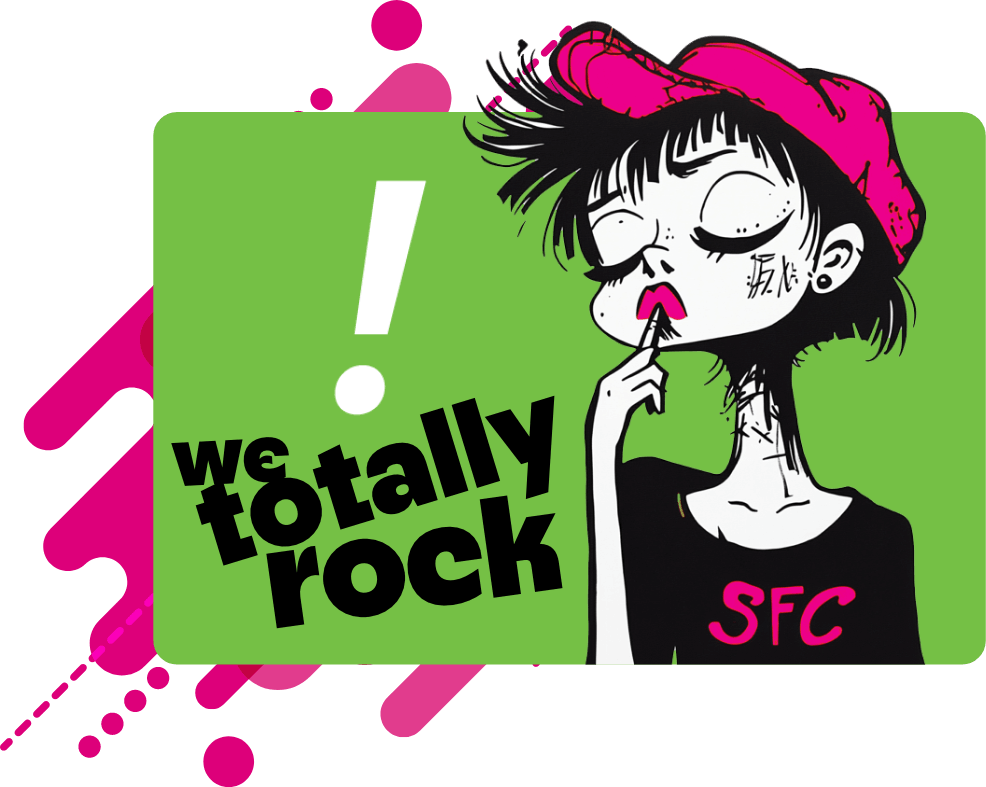 Stylized pop-art illustration of a punk-style character with messy black hair, a pink cap, and a black 'SFC' t-shirt on a bright green background. To the left, bold black text reads 'we totally rock' under a large white exclamation point.