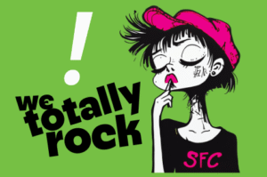 Stylized pop-art illustration of a punk-style character with messy black hair, a pink cap, and a black 'SFC' t-shirt on a bright green background. To the left, bold black text reads 'we totally rock' under a large white exclamation point.
