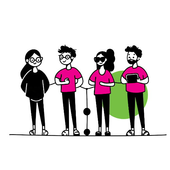 Black and white cartoon illustration of four people standing side by side, three wearing pink shirts and one in black, with one holding a tablet, set against a green circle background